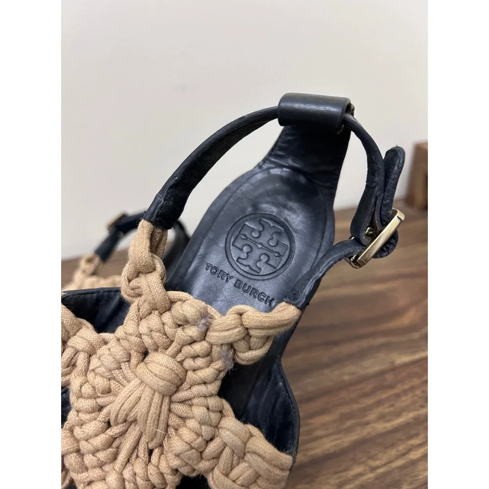 Tory Burch Black Leather Macrame Strap‎ Flat Sandals Women Size 7.5M